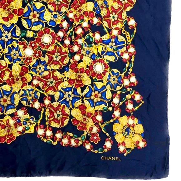 CHANEL Jewel Motif Silk Scarf in Navy, AUTHENTIC 35” x 35” - Picture 6 of 8